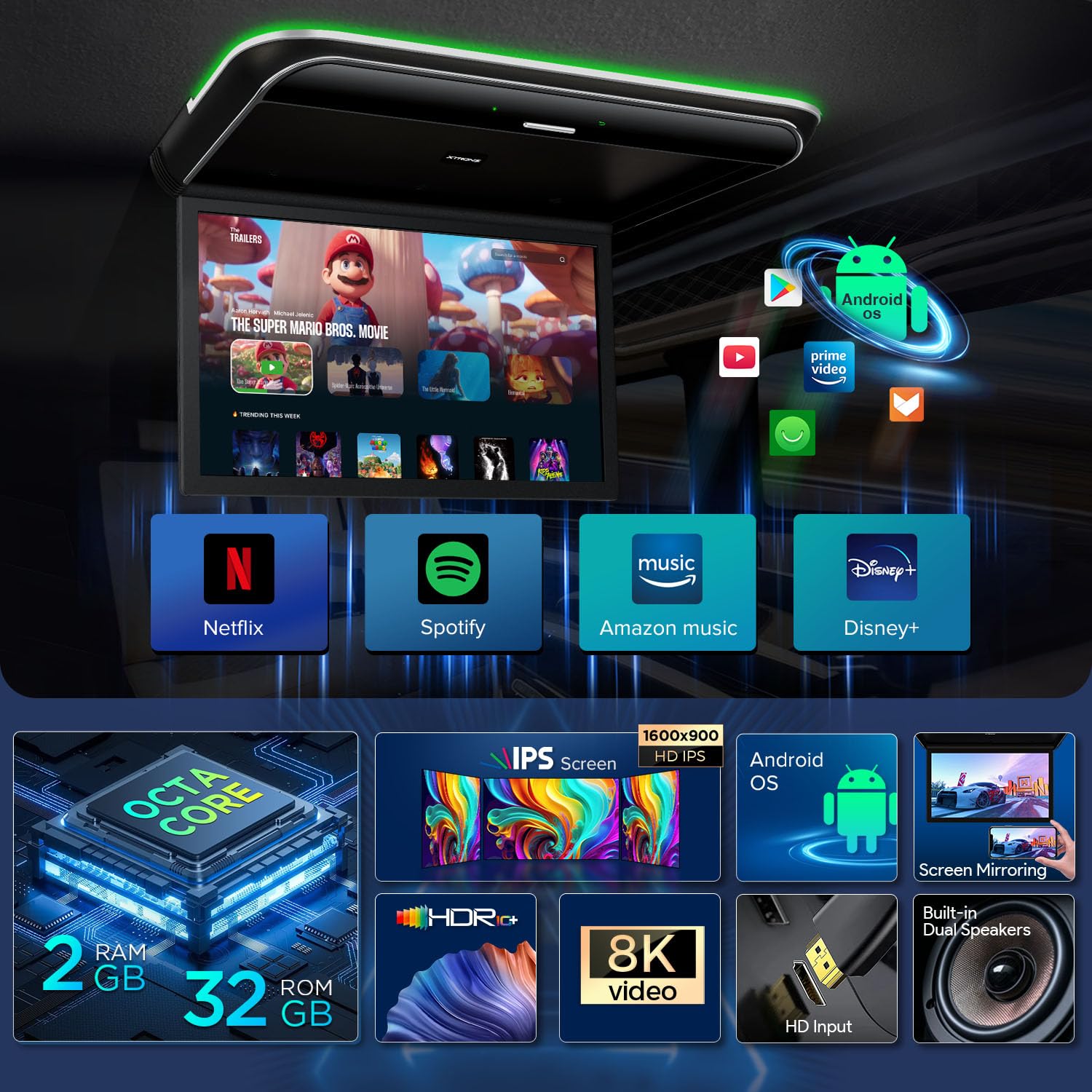 XTRONS Android Car Overhead Player 19.5 Inch Octa Core Car Roof Mount Monitor Wide IPS Screen 8K Video Built-in Stereo Speakers Flip Down Overhead Car Monitor Support 4G WiFi HDMI Input USB RCA Input