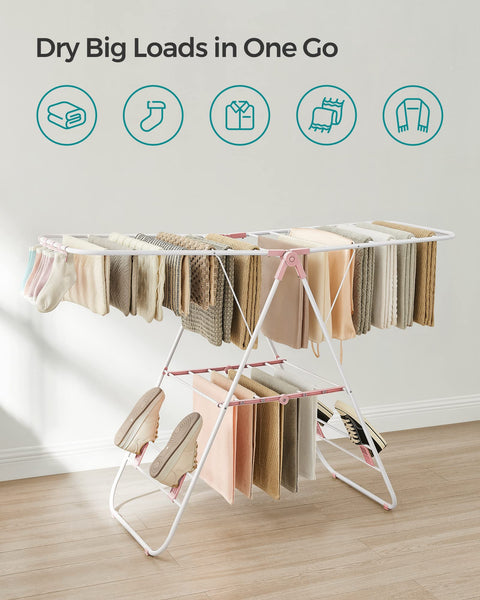 SONGMICS Clothes Airer, Foldable Clothes Drying Rack, Clothes Horse with Height-Adjustable Wings, Free-Standing Laundry Drying Rack, Indoor and