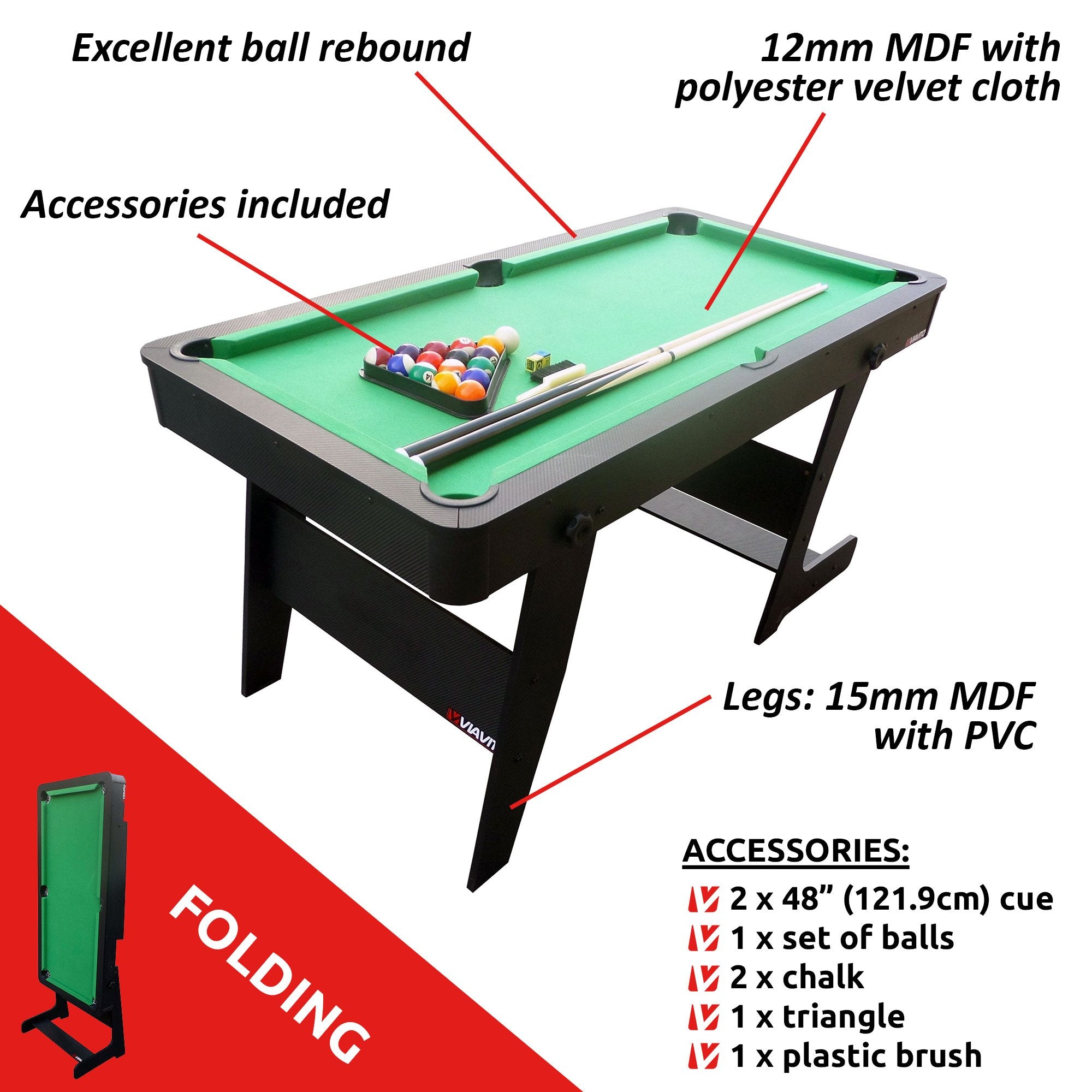 VIAVITO PT100X Folding Pool Billiards Table with Accessories, Space Saving Steady Portable Family Leisure Game Table Set for Kids & Adults w/Cues, Balls, Chalk, Triangle & Brush