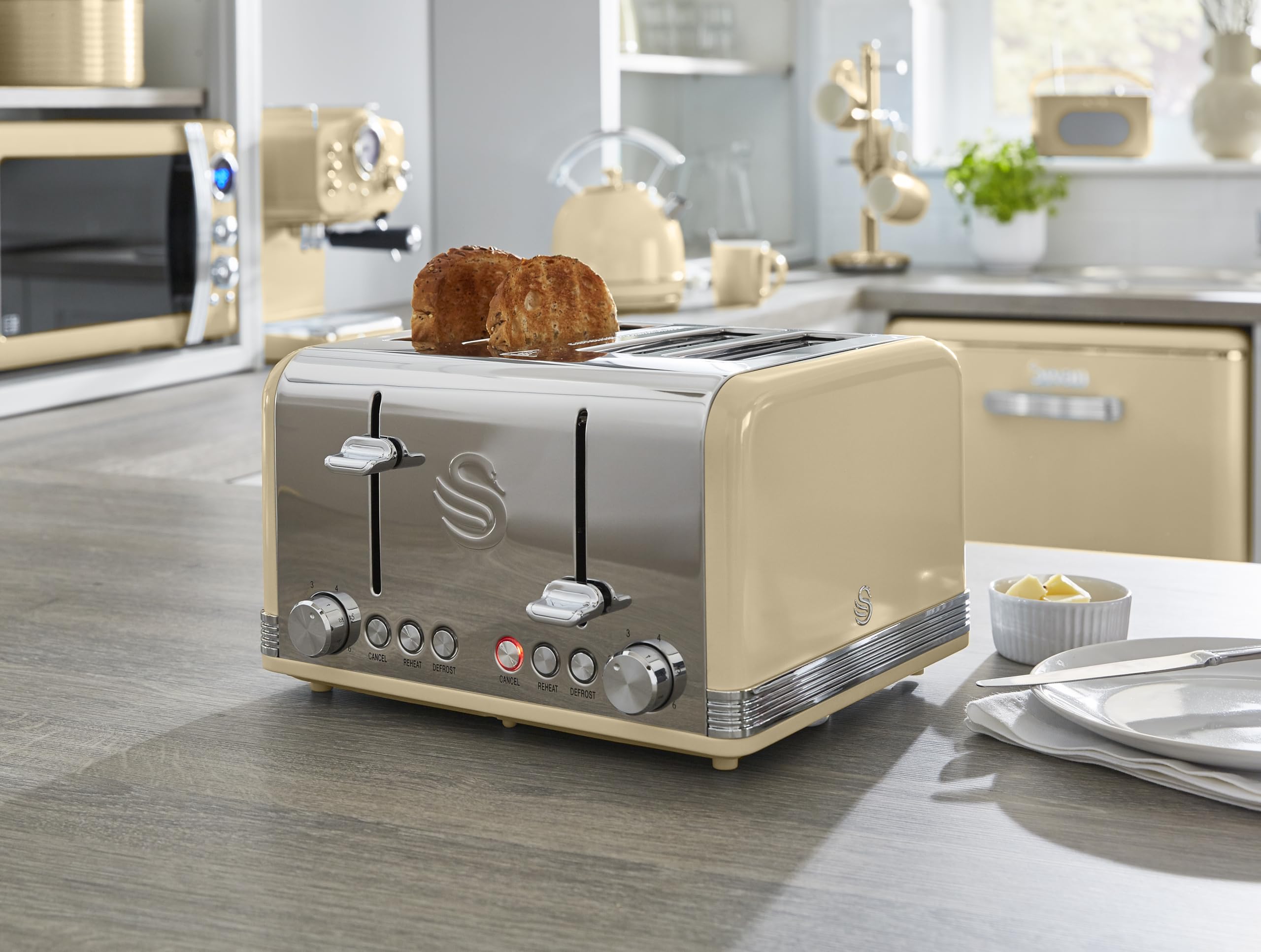 Swan ST19020GRN Retro 4-Slice Toaster with Defost/Reheat/Cancel Functions, Cord Storage, 1600W, Retro Grey