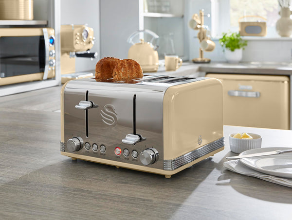 Swan ST19020GRN Retro 4-Slice Toaster with Defost/Reheat/Cancel Functions, Cord Storage, 1600W, Retro Grey