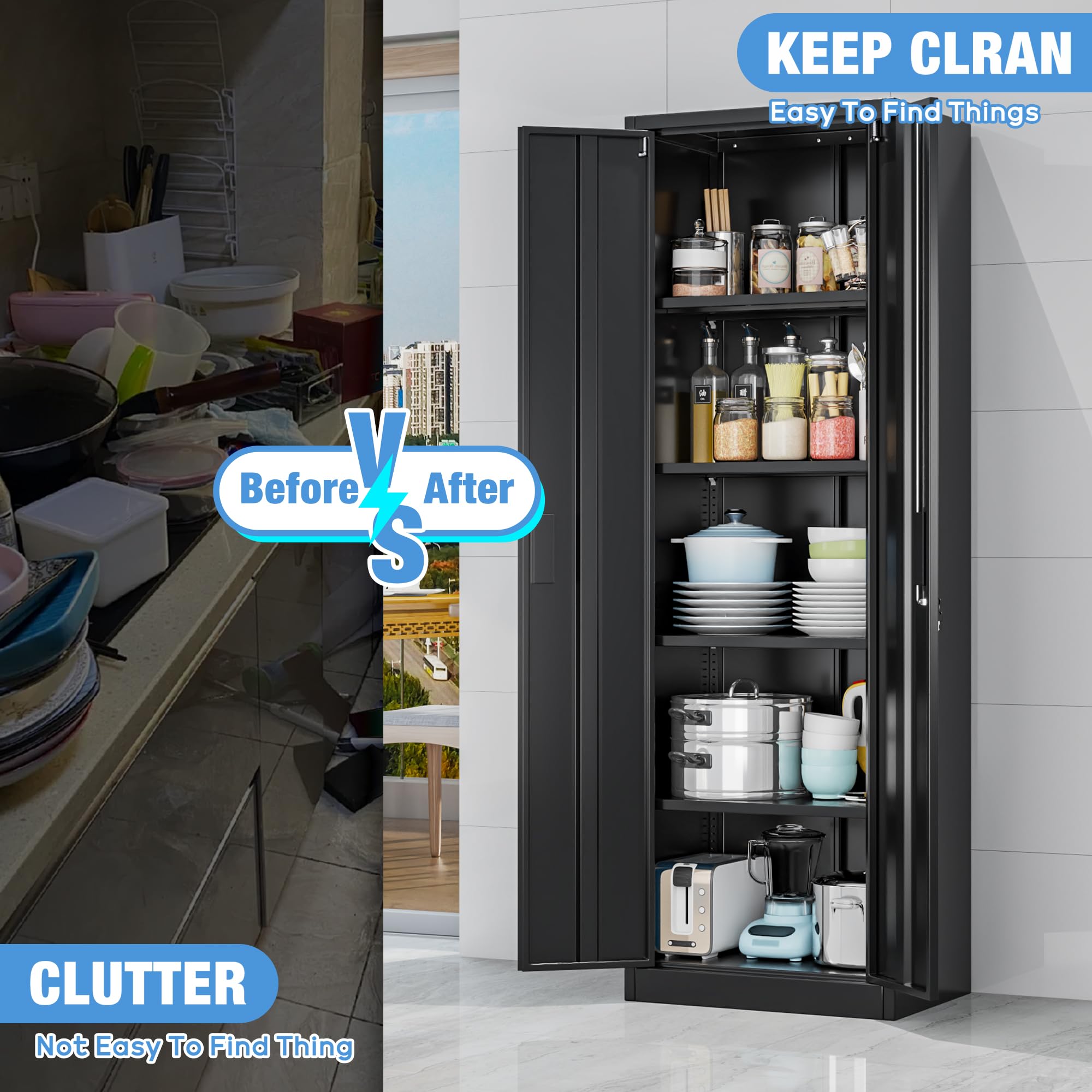 Metal Storage Cabinet with 2 Door and 3 Adjustable Shelves,140X80x40CM Steel Cabinet for Warehouse,Garage,Home,Office,Easy Assemble Required(Black/White)