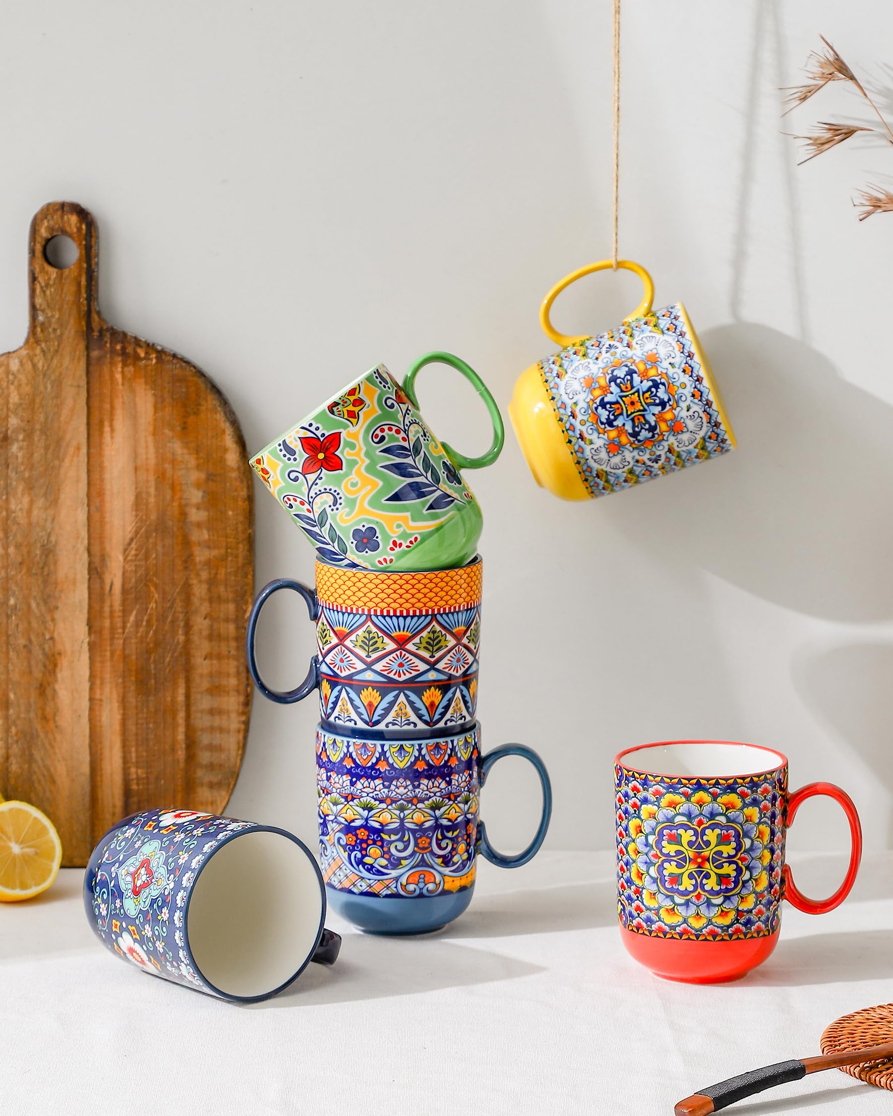 HENXFEN LEAD Porcelain Coffee Mugs, 410ml Coffee Mug Set with Handle, Porcelain Cups for Tea Coffee Milk Cappuccino, Colourful, 6 Pack - Bohemian