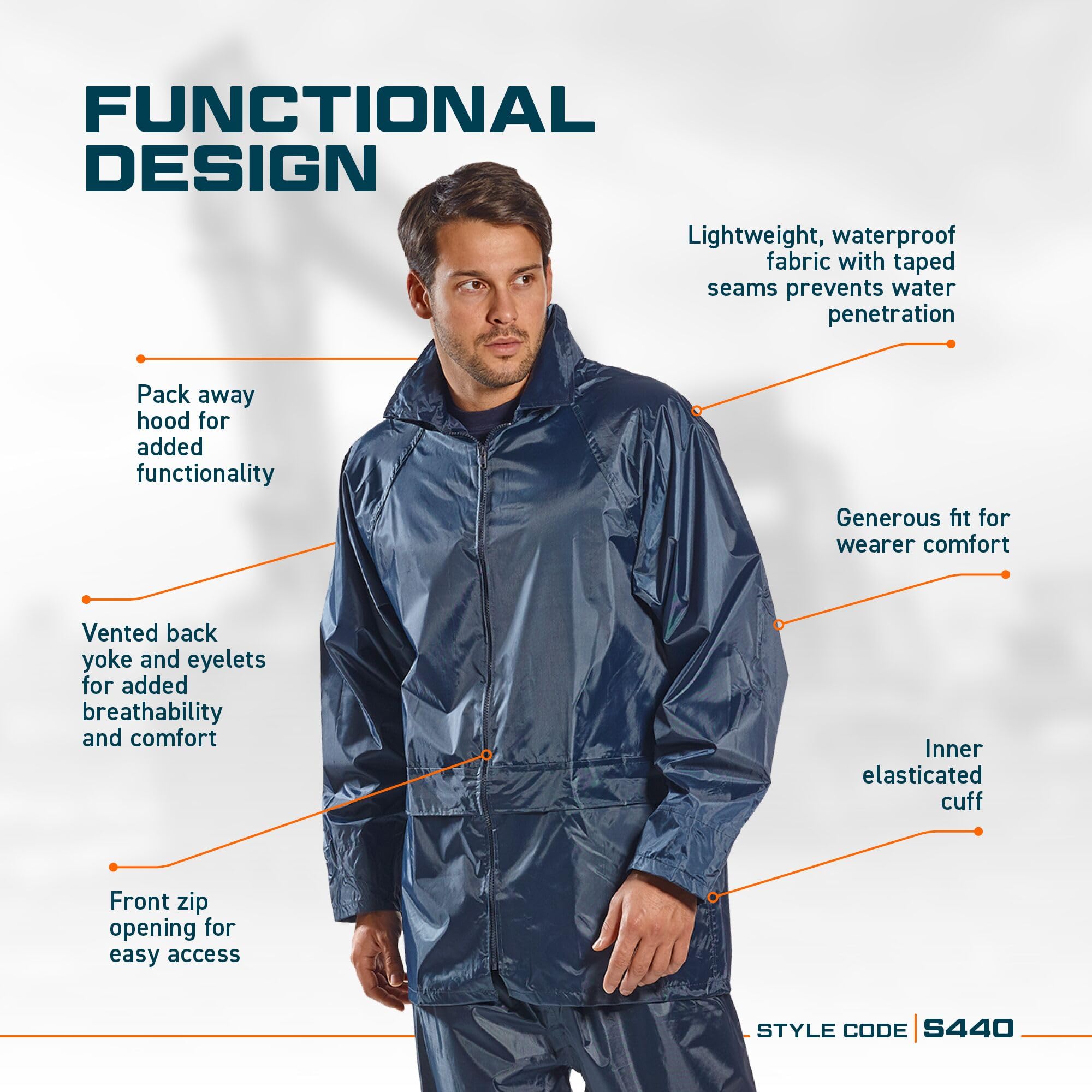 Portwest S440 Men's Waterproof Rain Jacket - Lightweight Durable Hooded Weather Protection Safety Jacket Black, 4X-Large