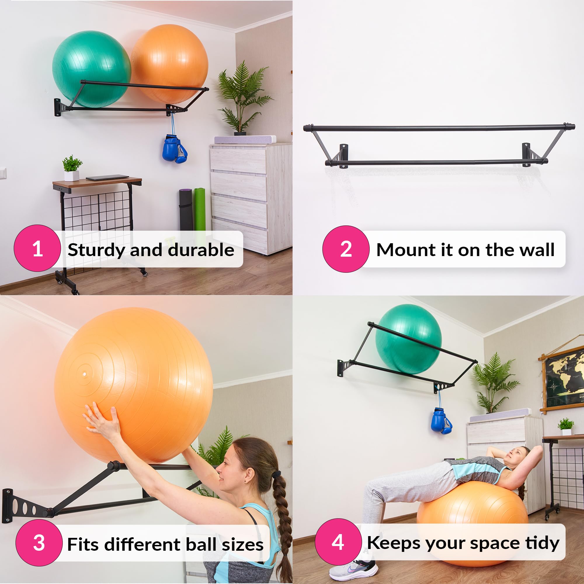 Exercise Ball Holder | Organise Your Space | Wall Mounted Ball Rack | Yoga Ball Holder | Exercise Ball Wall Mount | Fitness Ball Rack | Stability Ball