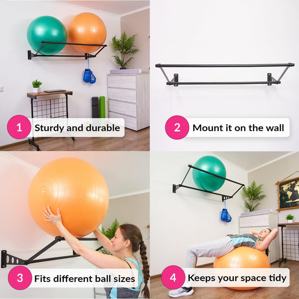 Exercise Ball Holder | Organise Your Space | Wall Mounted Ball Rack | Yoga Ball Holder | Exercise Ball Wall Mount | Fitness Ball Rack | Stability Ball