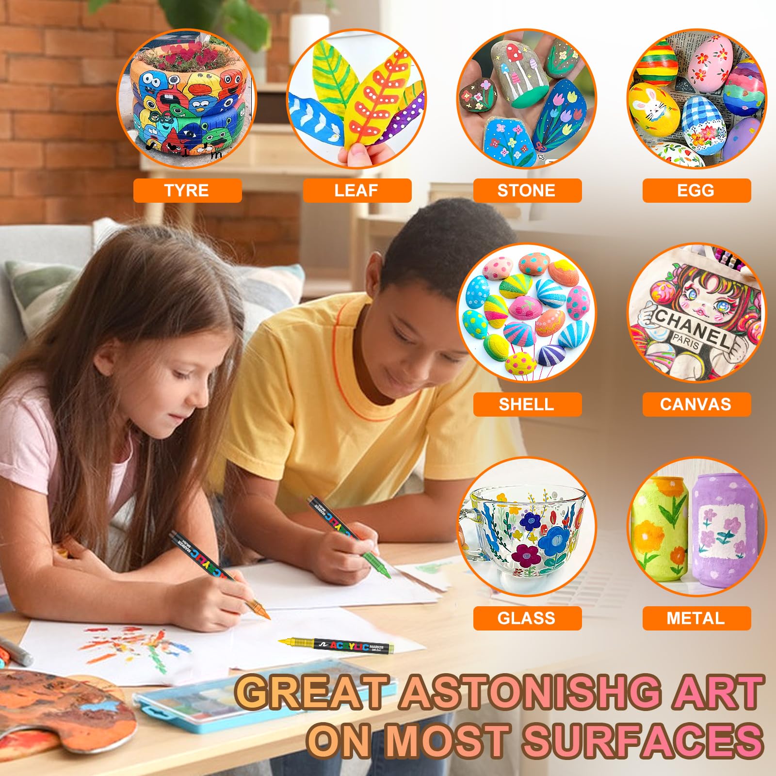 Gunsamg 72 Colours Acrylic Paint Marker Set  Water-Based Paint Pens with Flexible 1-5mm Brush Tip for Rock, Ceramic, Glass, Stone, Metal, Fabric