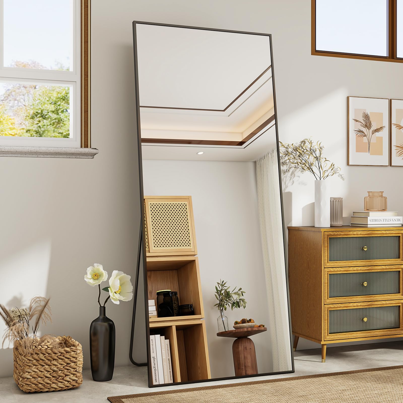 Koonmi Floor Mirror, 60x165 cm Full Length Mirror with Minimalist Narrow Aluminum Frame, Modern Large Wall Standing or Hanging for Living Room and