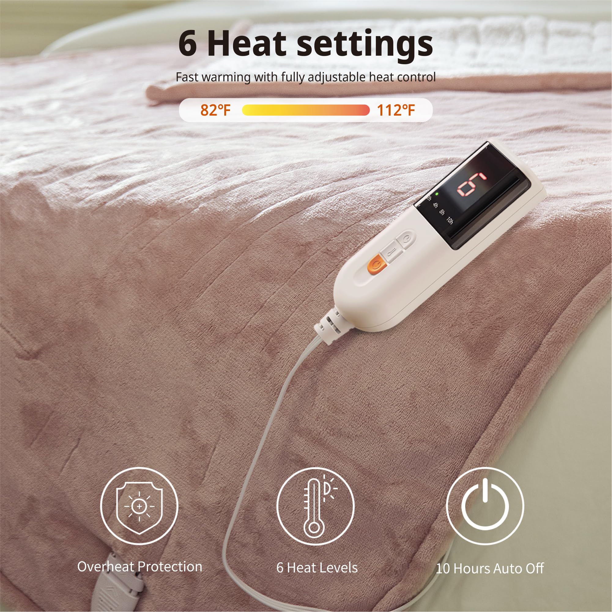GOTCOZY Heated Blanket Electric Throw 130x160cm -Soft Silky Plush Heated Blanket with 6 Heat Settings & 10 Hours Auto-Off Timer For Home Office Use