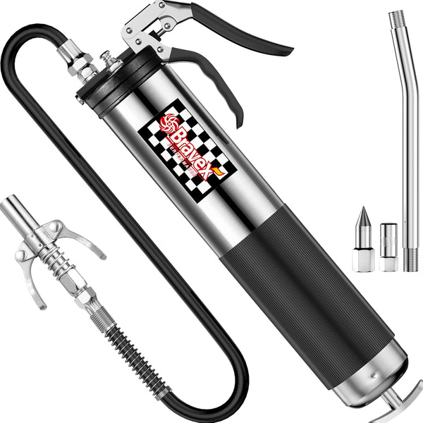 Bravex Grease Gun W/Quick Release Coupler, Pistol Grip Grease Gun Heavy Duty Professional - 18 inch Flex Hose Silver