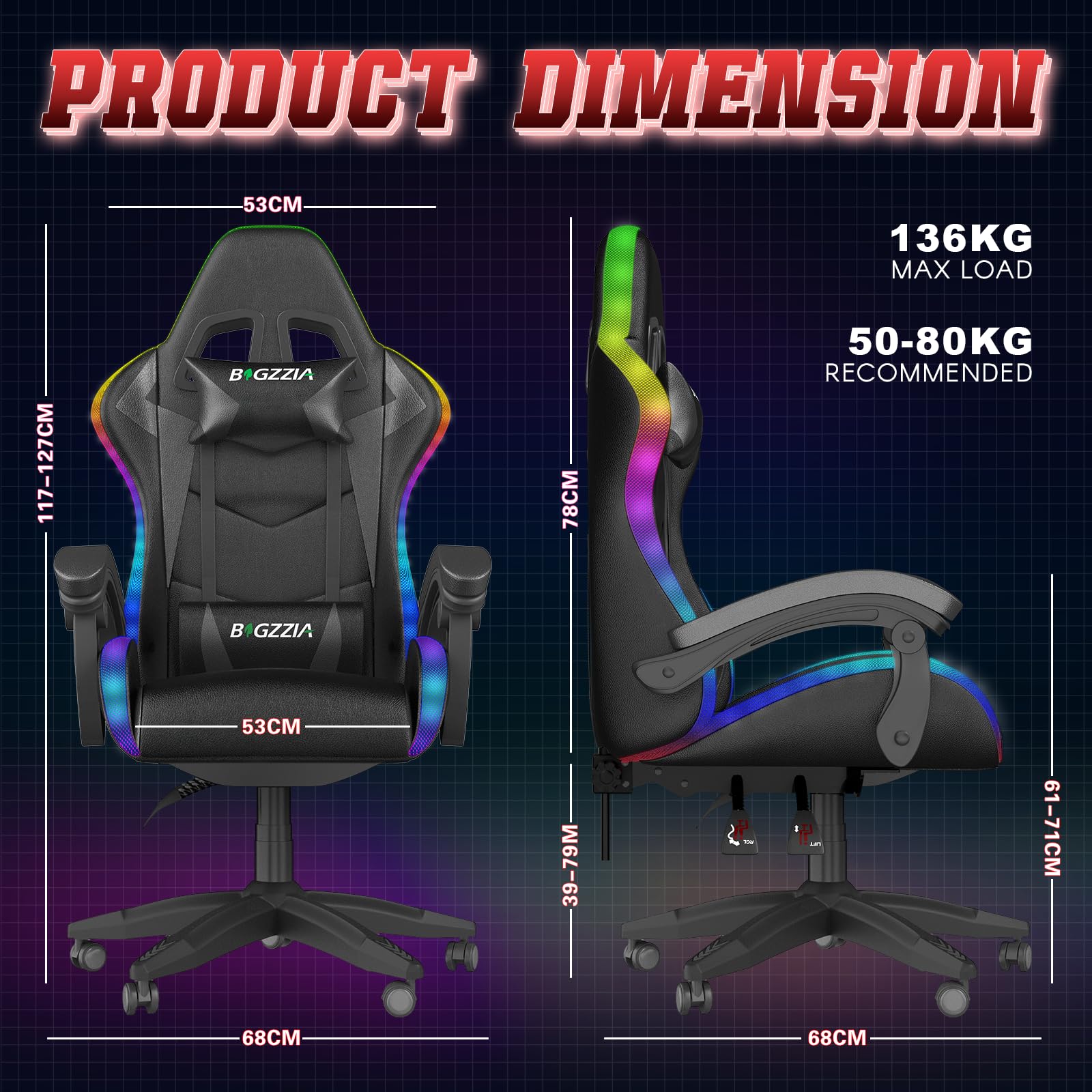 bigzzia RGB Gaming Chair with LED Lights and Ergonomic Computer Chair Reclining PU Leather High Back Video Game Chair with Headrest Adjustable Lumbar Support Linkage Armrest for Adults (Black/Grey)