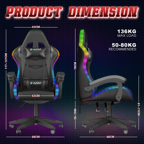 bigzzia RGB Gaming Chair with LED Lights and Ergonomic Computer Chair Reclining PU Leather High Back Video Game Chair with Headrest Adjustable Lumbar Support Linkage Armrest for Adults (Black/Grey)