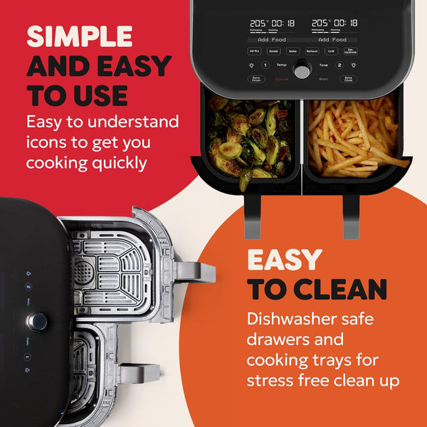 Instant Pot - Versazone Dual Black Air Fryer - Large 8.5L, Family Size - Single Double Basket with Divider - 8 in 1 - Food Dehydrate, Grill, Bake, Roast, Reheat, Non-Stick, Easy Clean, Dishwasher Safe