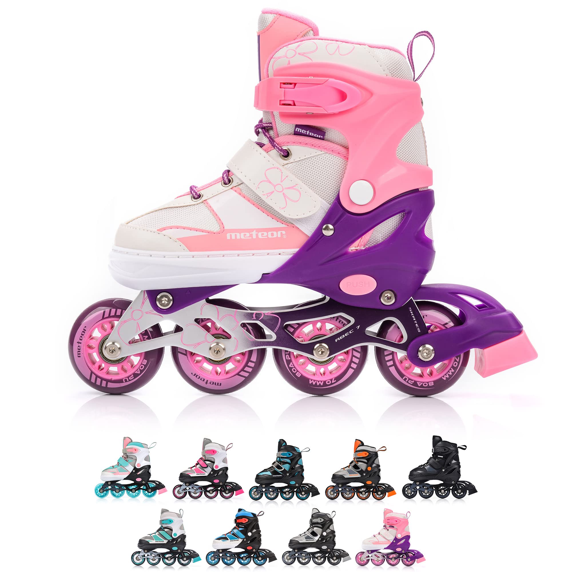 meteor Inline Skates Children's Kids Inliners Roller Skates Roller Blades ABEC 7 Carbon Children's Inline Skates Adjustable Shoe Size (Pink, M 34-37)