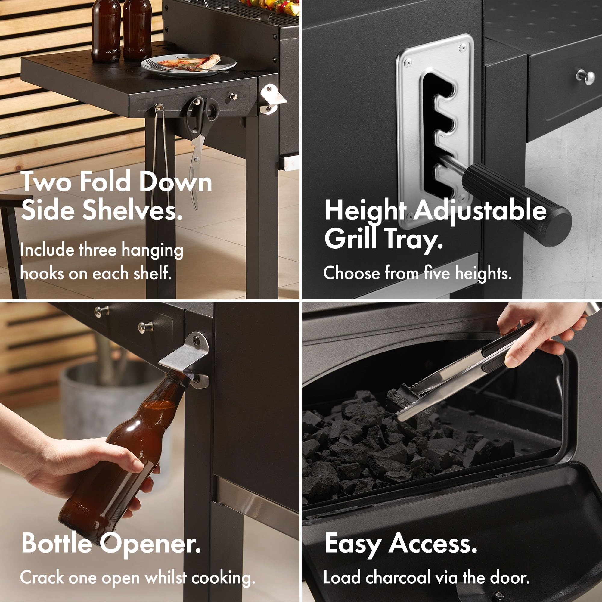 VonHaus Charcoal BBQ – XL Portable Barbecue with Warming Rack, Fold Down Shelves, Temperature Gauge, Wheels, Cooking Grill, Air Vents – 2 in 1 Barbeque and Smoker – Grill Meat, Fish & Vegetables