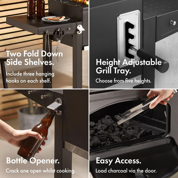 VonHaus Charcoal BBQ – XL Portable Barbecue with Warming Rack, Fold Down Shelves, Temperature Gauge, Wheels, Cooking Grill, Air Vents – 2 in 1 Barbeque and Smoker – Grill Meat, Fish & Vegetables