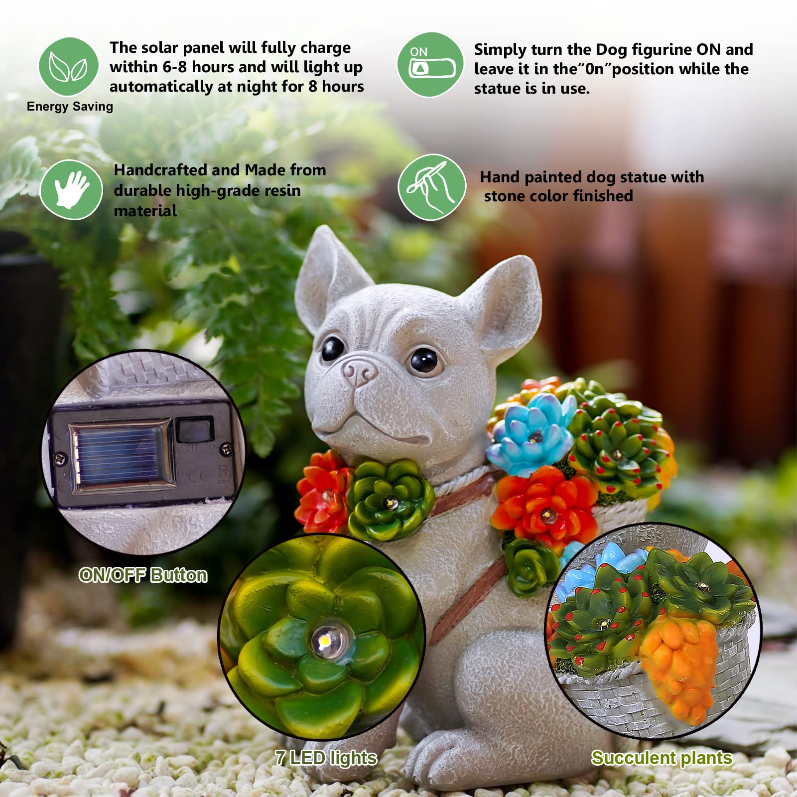 Goodeco Solar Garden Dog Statue with Succulent, 7 LED Lights - Outdoor Decor, Waterproof Resin Figurine, 19.5cm