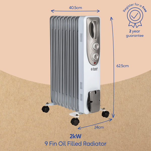 Russell Hobbs 1500W/1.5KW Oil Filled Radiator, 7 Fin Portable Electric Heater - White, Adjustable Thermostat with 3 Heat Settings, Safety Cut-off, 15 m sq Room Size, RHOFR5001, 2 Year Guarantee
