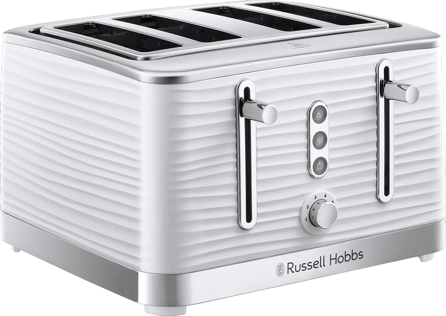 Russell Hobbs Inspire 4 Slice Toaster (Extra wide slots, High lift feature, 6 Browning levels, Frozen/Cancel/Reheat function with Blue LED illumination, 1800W, White textured high gloss) 24380