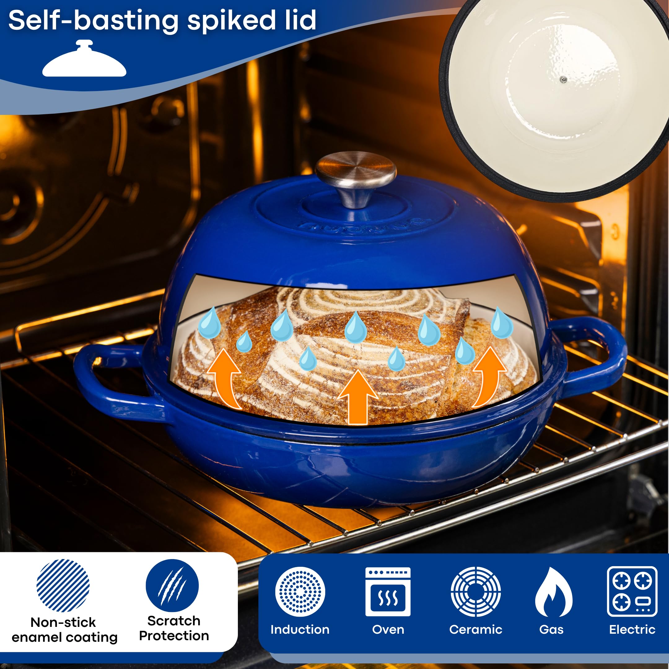 Enamelled Cast Iron Dutch Oven Pot  Dutch Oven For Sourdough Bread Baking  Cast Iron Bread Pot  Dark Blue, 6 Quarts, 22cm  by Nuovva