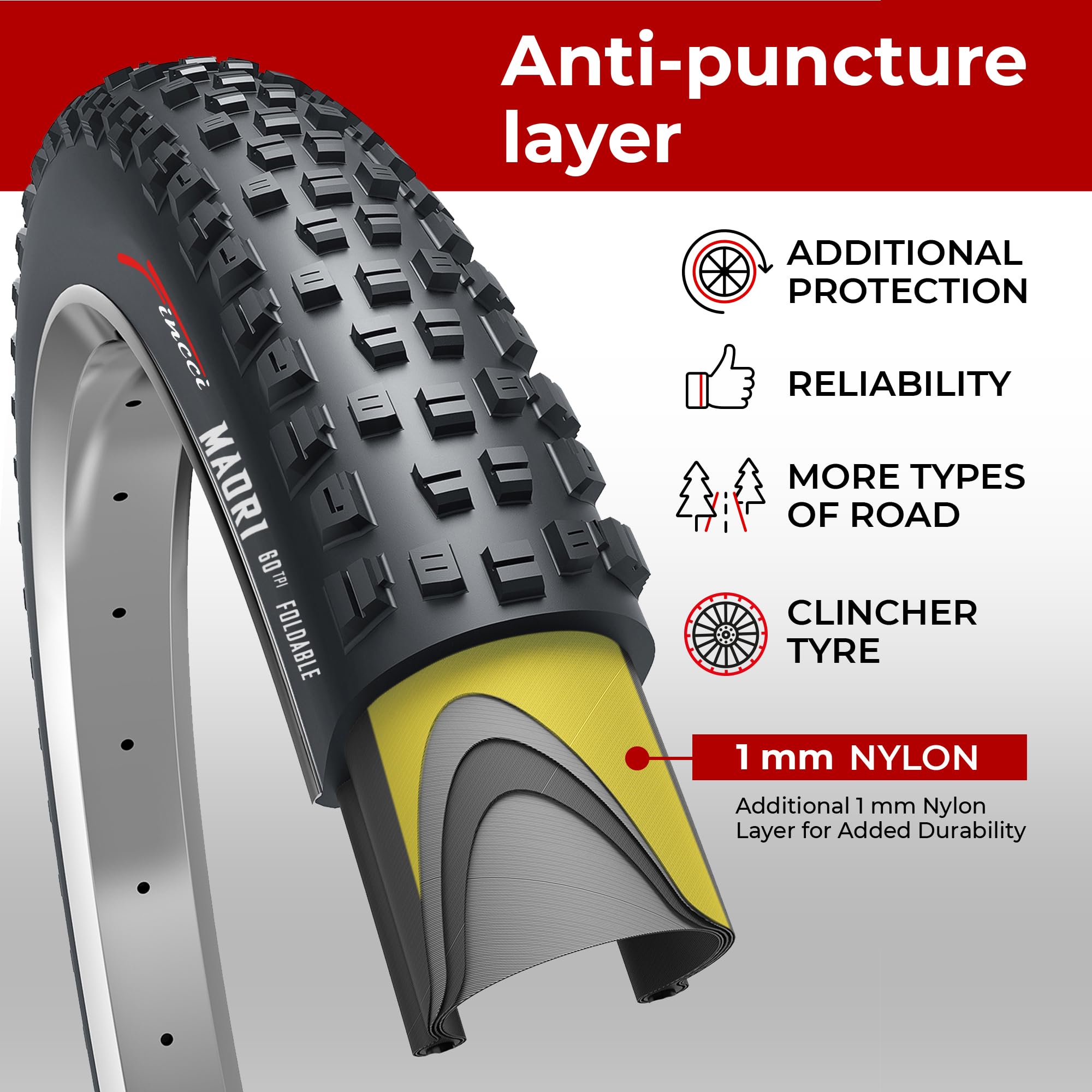Fincci Bicycle Tyres MTB 29 x 2.25 Inch - Pair Foldable Tires 29 inches 60 TPI with 1mm Nylon Puncture Protection for Cycle on Mountain & Electric &