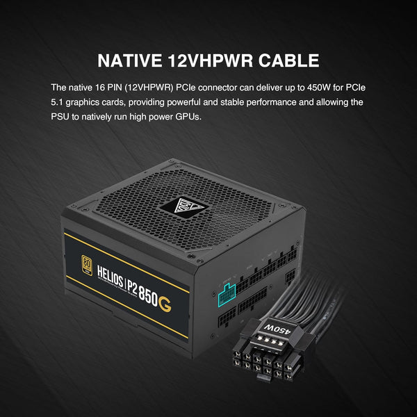 GAMDIAS HELIOS P2-750G Low-Noise ATX PC Power Supply, 80 PLUS Gold Non-Modular Computer PSU, ATX 3.1 & PCIe Gen 5.1 Ready, Native 12VHPWR Cable, Full DC-DC, LLC Resonant Circuit Design, Black