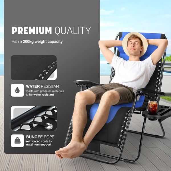 KEPLIN Set of 2 XXL Premium Heavy Duty Padded Zero Gravity Chairs - Luxurious Garden Recliners, Adjustable Headrest, Cup & Phone Holder, Foldable, Easy to Clean Patio Sun Loungers(Black)