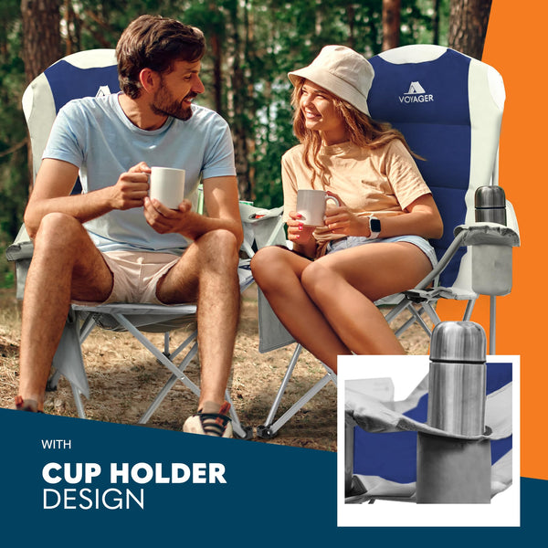 Voyager Folding Camping Chairs 2 Pack with Cooler Bag, Lightweight Q195 Steel Frame, 600D Oxford Fabric, Portable & Comfortable - Black (Black, Padded)