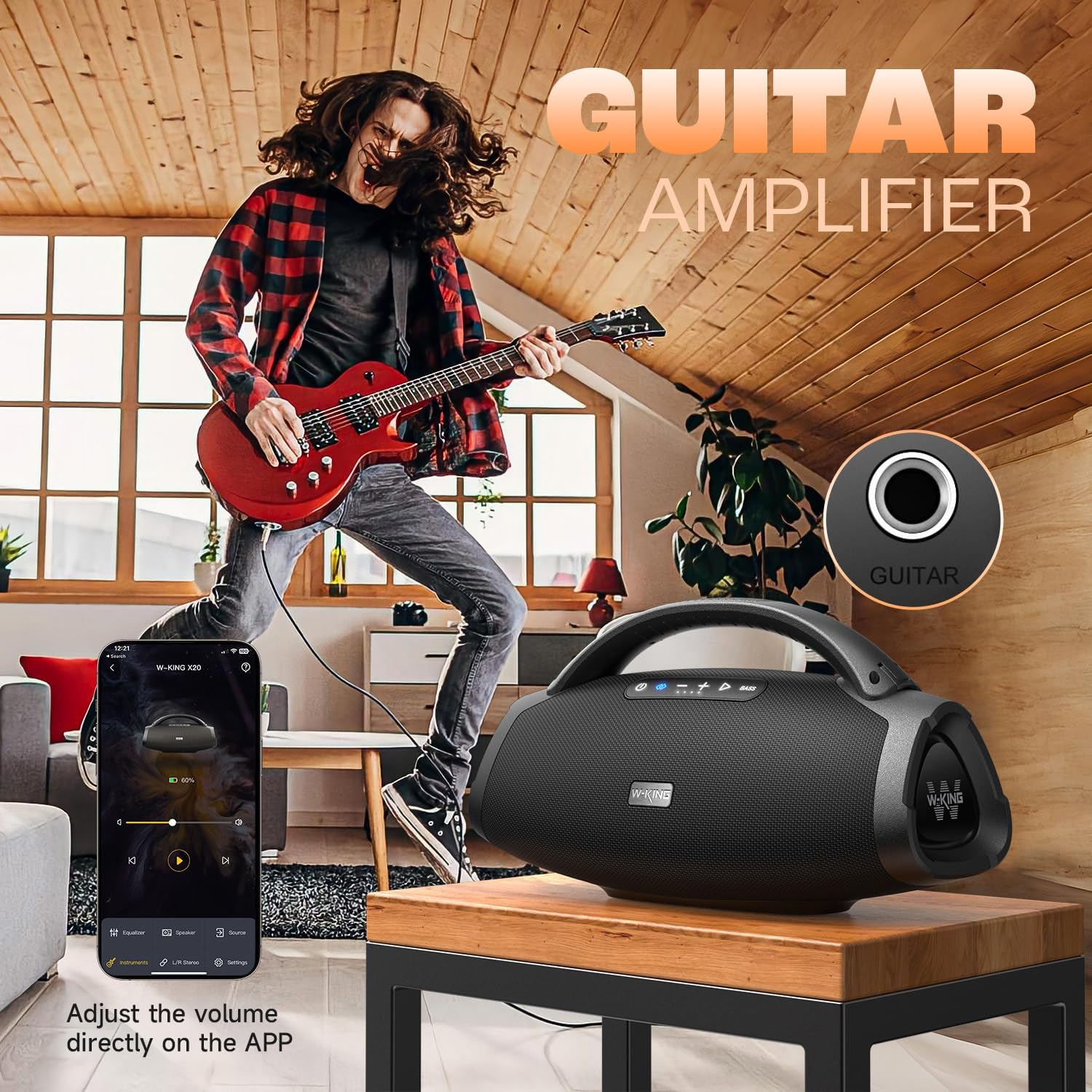 W-KING Bluetooth Speaker X20, 300W PEAK 200W RMS Portable Speaker Party with 40Hz Massive Boom box, 7.5'' Subwoofer, IPX7, EQ APP, 2.1 Ch, V5.4, 30H, MIC-GTR, Fast Charging, for Camping, Beach, Garden