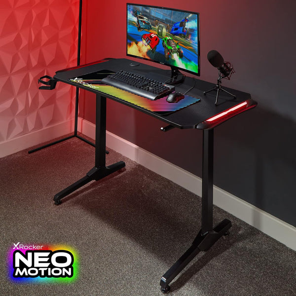 X ROCKER Panther RGB Gaming Desk with Neo Motion Multicolour LED Lighting Technology and Free Mouse Pad Included, Sturdy Home Office Computer Table