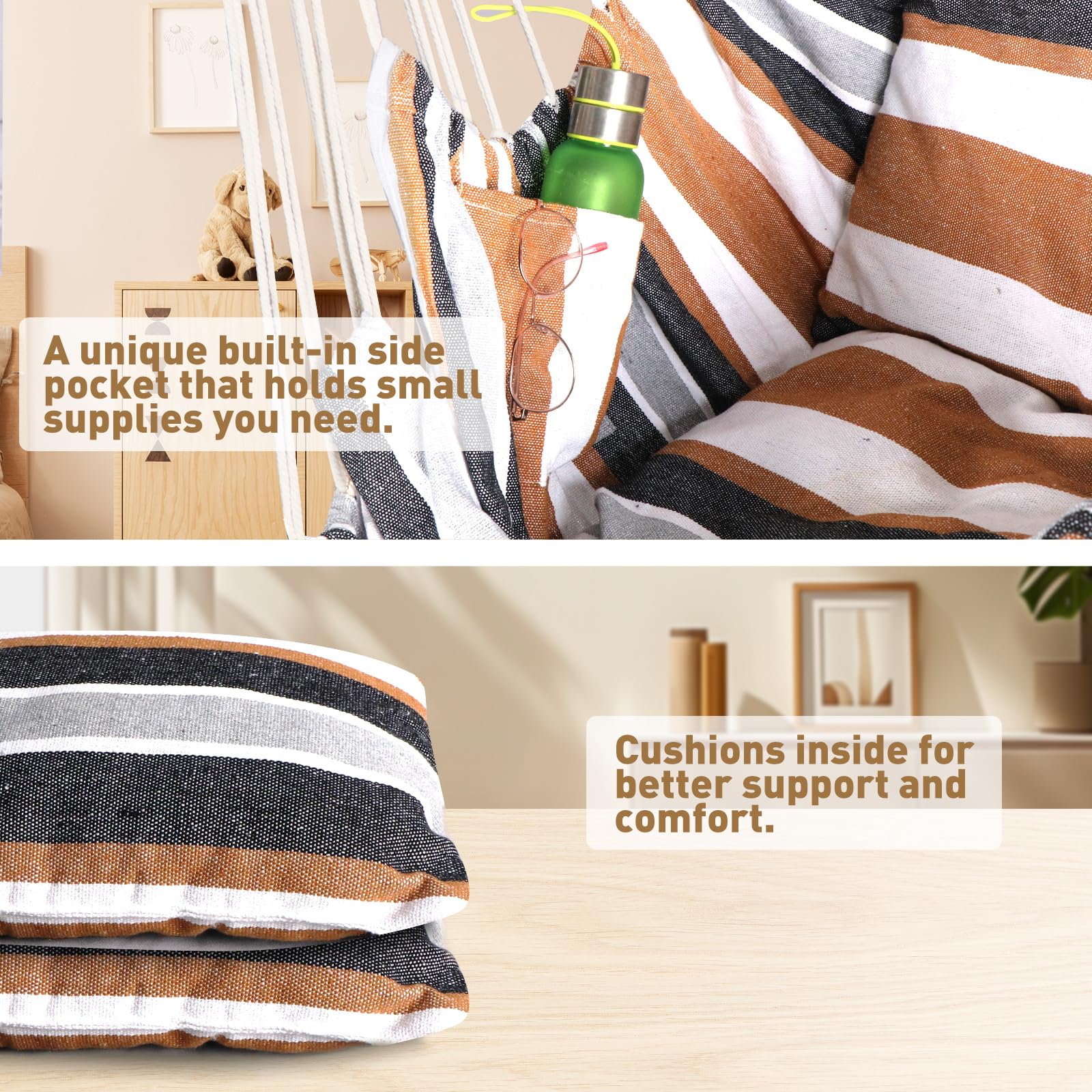 Chihee Hammock Chair Hanging Chair with Foot Rest 2 Cushions Max 550lbs Robust Metal Spreader Bar Collapsible Easy Storage Soft Cotton Swing Chair