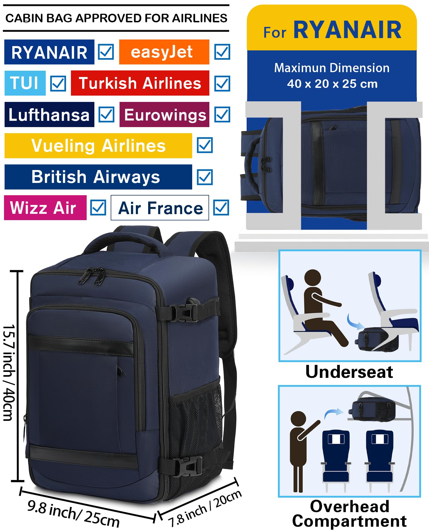 KLOSTAIN for Easyjet Cabin Bag 45x36x20 Travel Backpack Hand Luggage Carry-ons Bag Laptop Backpack Ruscksack for Airplanes Flight New Easyjet Underseat Cabin Bags Fit 14" Laptop Navy