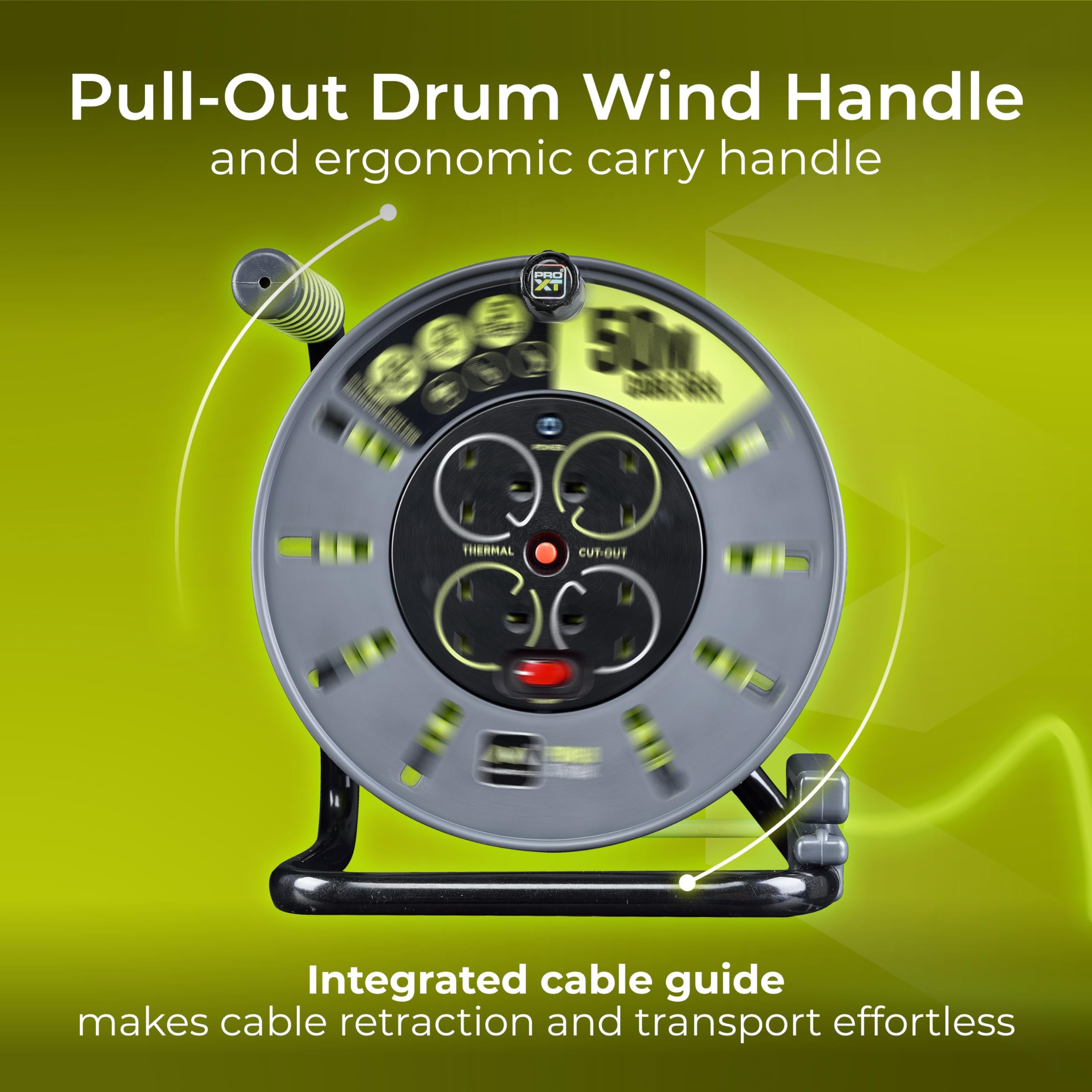 Masterplug Pro-XT Four Socket Open Cable Reel Extension Lead with Winding Handle, Thermal Cut Out and Power Switch, 25 Metres High Visibility Cable , Green