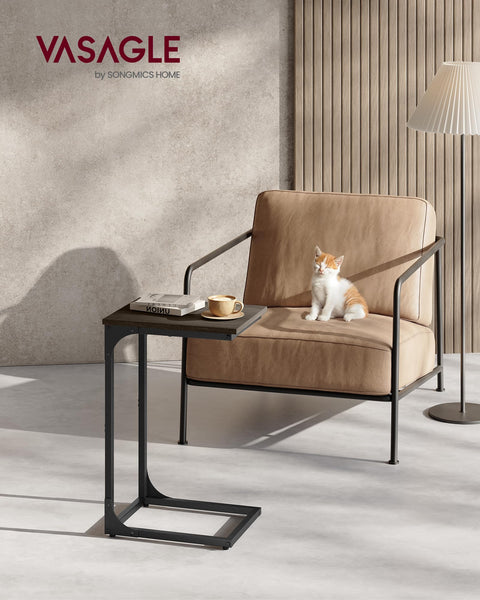 VASAGLE C-Shaped Side Table, Bedside Table, Sofa Side Table, Coffee Table, with Metal Frame, Industrial, for Living Room, Bedroom, Rustic Brown and Black LET350B01
