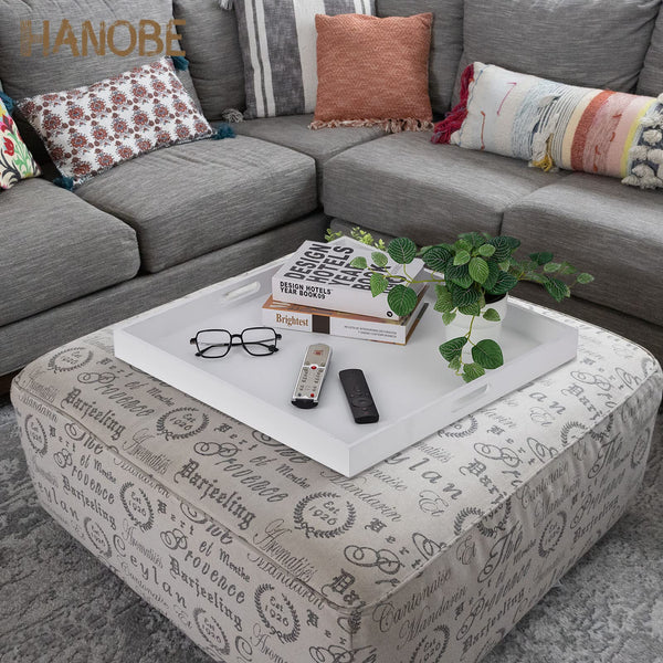 Hanobe Square Large Ottoman Tray: Modern Extra Large White Serving Decorative Trays with Cutout Handles for Living Room Coffee Table Home, 20"
