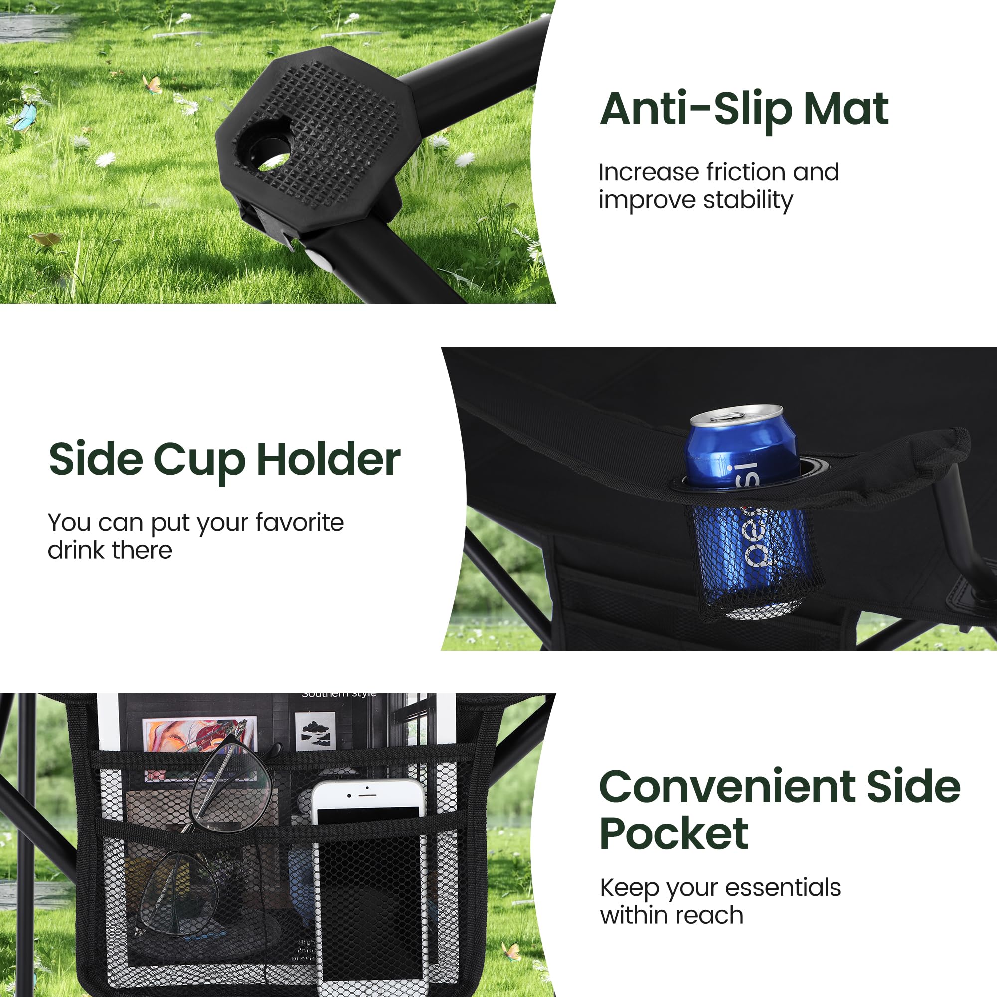 ALPHA CAMP Set of 2 Folding Camping Chairs with Cooler Bag & Cup Holder & Side Pocket Up to 120kg, Lightweight and Portable Camping Chair for Adults, Black