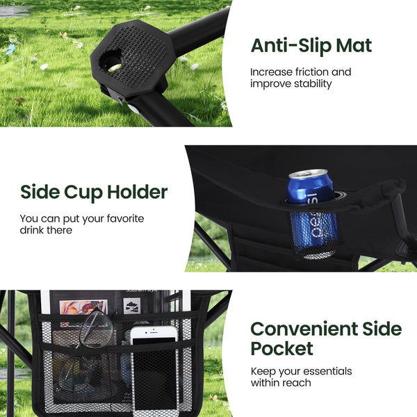 ALPHA CAMP Set of 2 Folding Camping Chairs with Cooler Bag & Cup Holder & Side Pocket Up to 120kg, Lightweight and Portable Camping Chair for Adults, Black