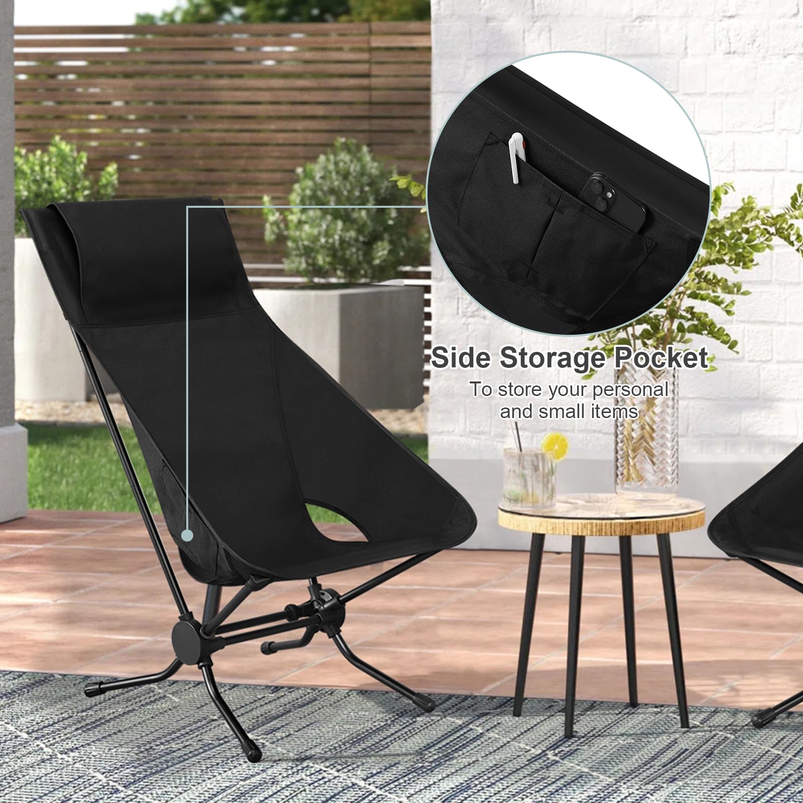 WOLTU Folding Camping Chair, Ultra Lightweight Alu Outdoor Chair, High Back, Portable Chair with Carrying Bag for Fishing, Picnic, Hiking, Heavy Duty 150kg Capacity, Black