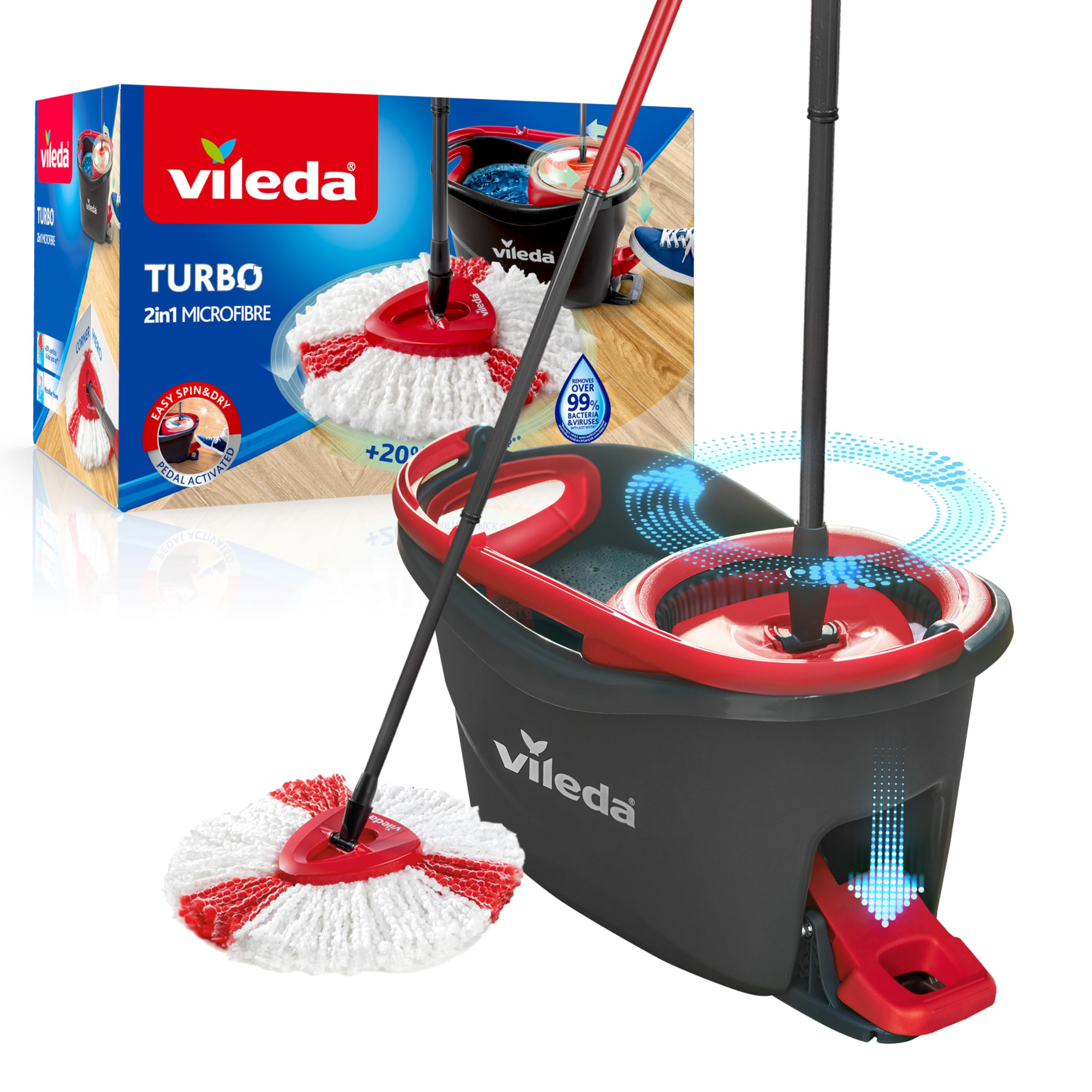 Vileda Turbo 3 in 1 with Microfibre Pad, Spin Mop For Cleaning Floors, Set Of 1x Mop And 1x Bucket