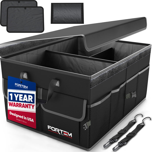 FORTEM Car Boot Organiser, Collapsible Multi Compartment SUV Organizer, Foldable Storage for Car Accessories for Women Men, 600D Oxford, Non Slip Bottom, Securing Straps, Soft Cover (50L)