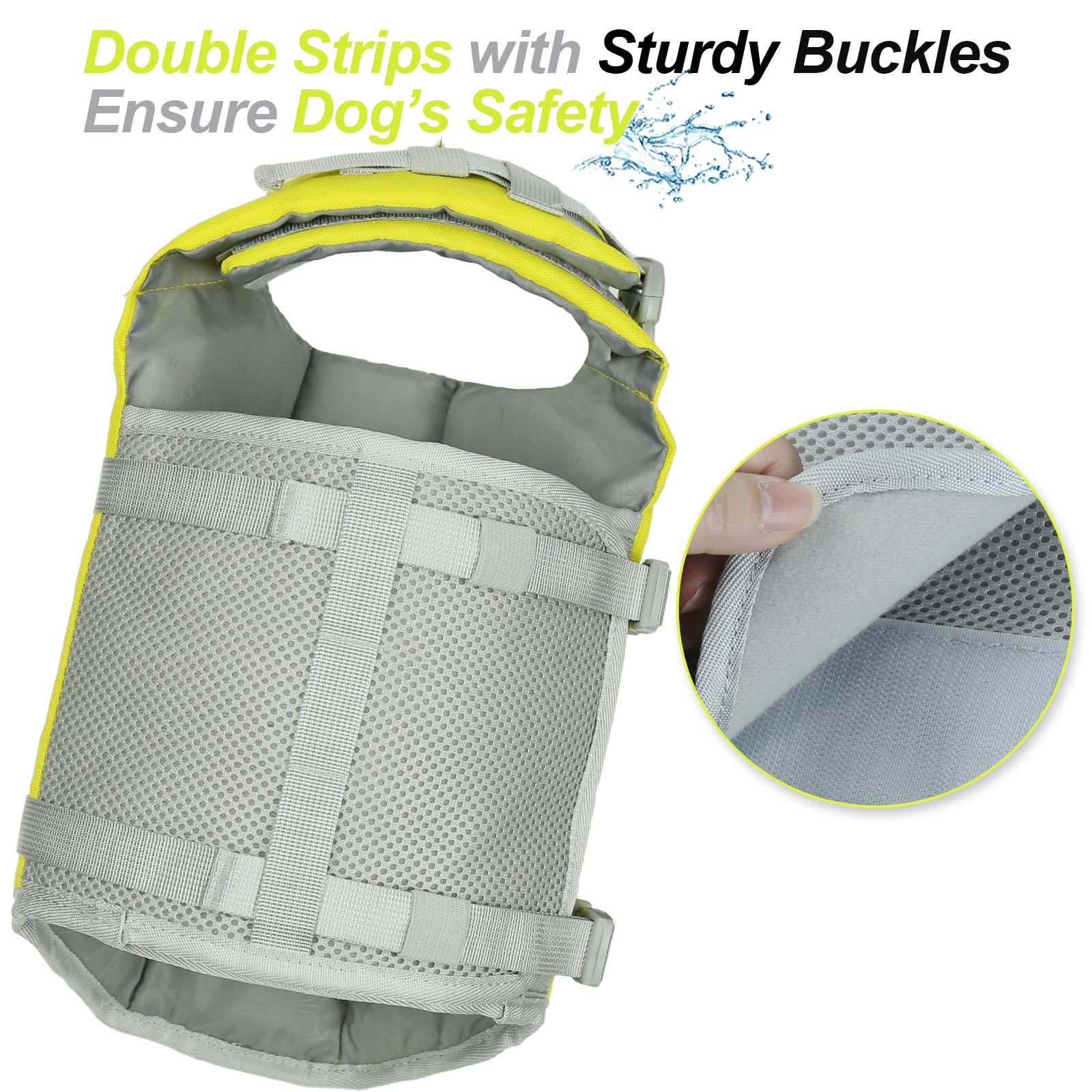 VIVAGLORY Front Float Dog Life Jacket, Dog Buoyancy Aid for Swimming & Boating, Life Vest with Chin Float & Handle, Ripstop & Buoyancy for Doggy, L, Yellow Grey