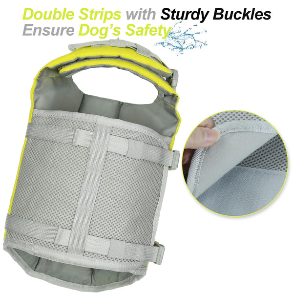 VIVAGLORY Front Float Dog Life Jacket, Dog Buoyancy Aid for Swimming & Boating, Life Vest with Chin Float & Handle, Ripstop & Buoyancy for Doggy, L, Yellow Grey