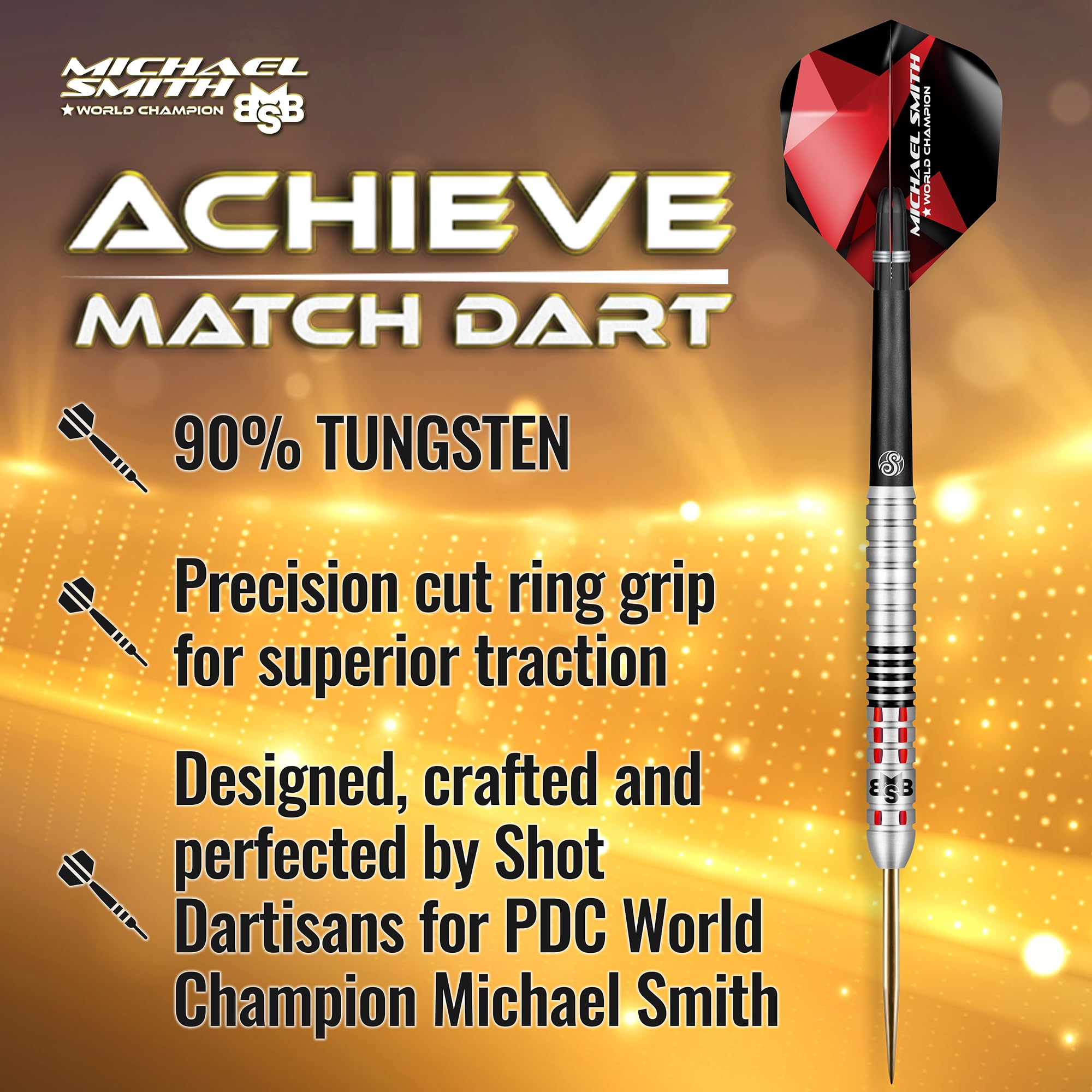Shot! Darts Michael Smith Achieve Center Weighted 90% Tungsten Pro Throwing Darts Steel Tip Set Professional Made in New Zealand (25, Grams)