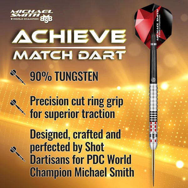 Shot! Darts Michael Smith Achieve Center Weighted 90% Tungsten Pro Throwing Darts Steel Tip Set Professional Made in New Zealand (25, Grams)