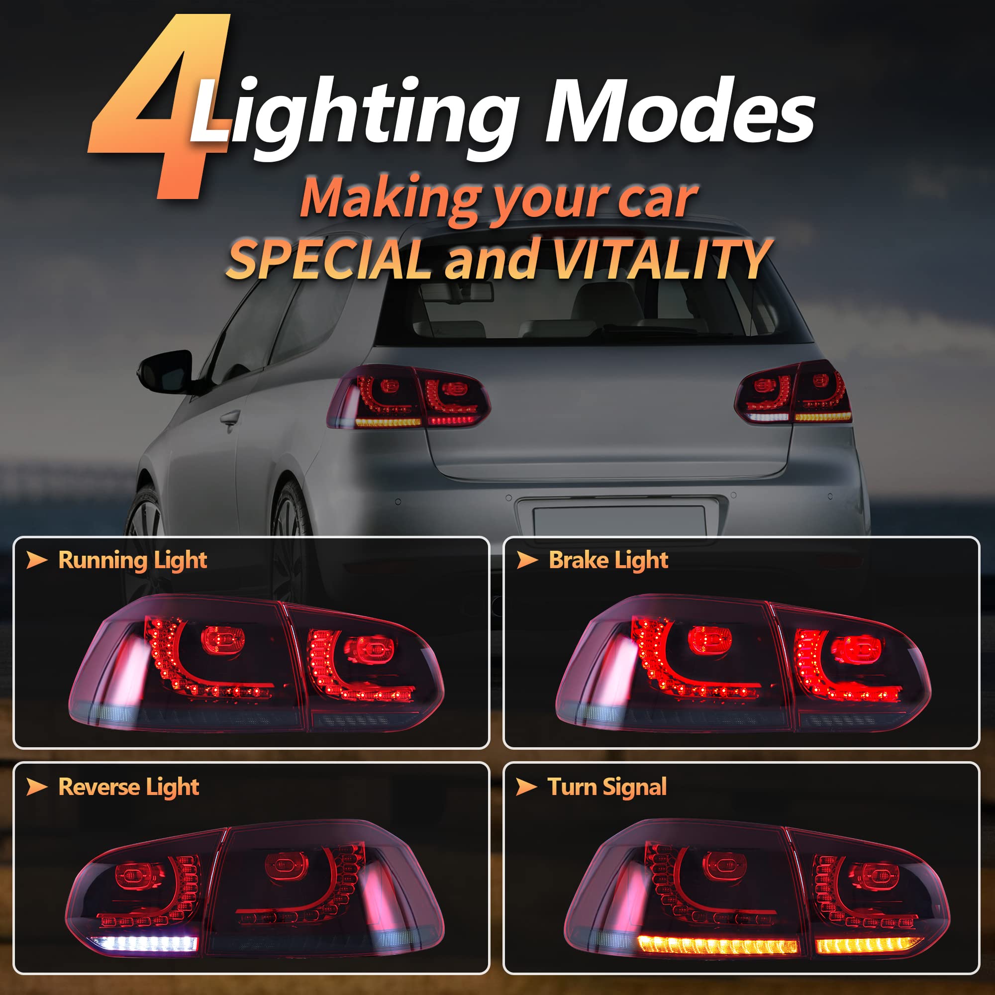 VLAND LED Rear Lights for Golf6 MK6 GTD R TSI 2008-2013 Tail Lights Lamps Assembly with Sequential Indicator, E-mark, One Pair (Smoked)