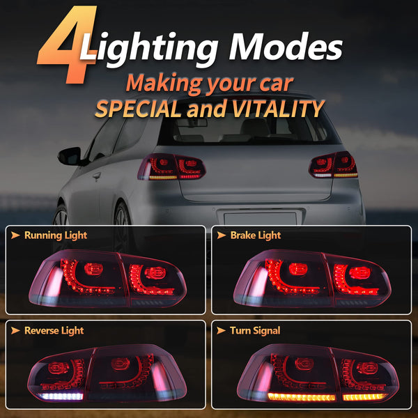 VLAND LED Rear Lights for Golf6 MK6 GTD R TSI 2008-2013 Tail Lights Lamps Assembly with Sequential Indicator, E-mark, One Pair (Smoked)