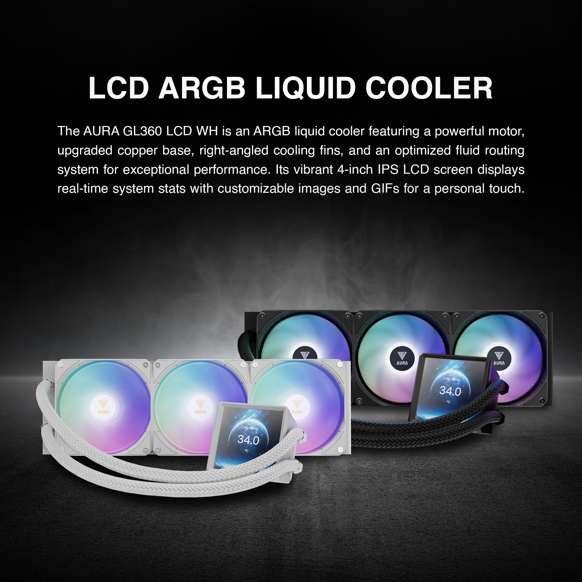 GAMDIAS AURA GL240 LCD 240mm AIO Liquid CPU Cooler, Customizable 4'' IPS LCD Display, Cableless Daisy Chained Fan, Software Ready, Support Low-Noise PWM & ARGB Sync, Intel LGA 1851/1700；AMD AM5, Black