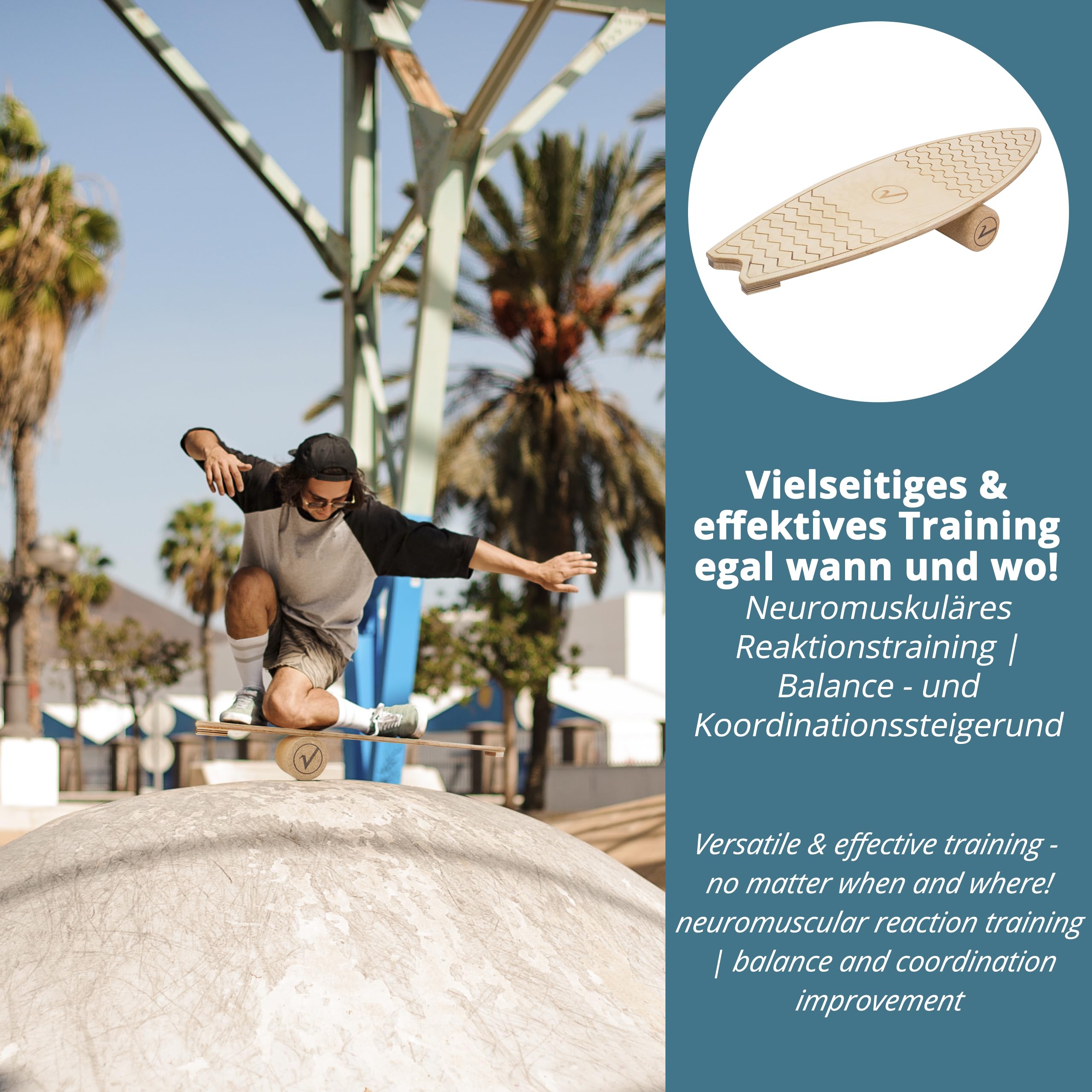 valuents Balance Board, Surfboard Shape with Cork Roller, Multi-layered Maple Wood, Non-slip Mat, Holder for Neuromuscular Response Training, Adult