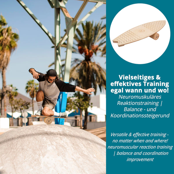 valuents Balance Board, Surfboard Shape with Cork Roller, Multi-layered Maple Wood, Non-slip Mat, Holder for Neuromuscular Response Training, Adult