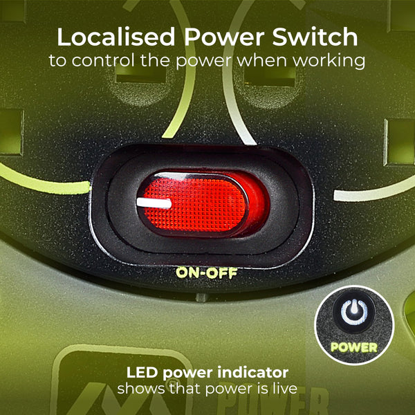 Masterplug Pro-XT Four Socket Open Cable Reel Extension Lead with Winding Handle, Thermal Cut Out and Power Switch, 25 Metres High Visibility Cable , Green